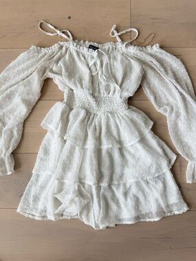 White Swiss Dot Smocked Waist Peasant Dress